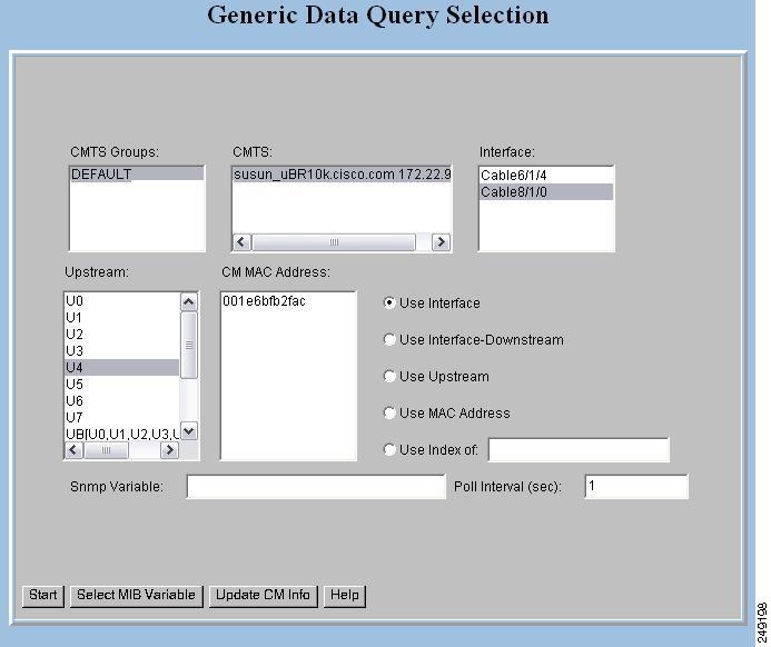 Generic Data Query Chapter 3 To query the MIB variables: Step 4 Click Update CM Info to update the cable modem information on the selected CMTS instead of getting data from the