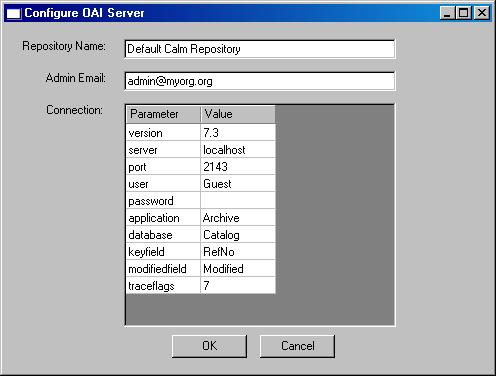 OAI Server Configuration This dialogue box appears when you install the OAI Suite.