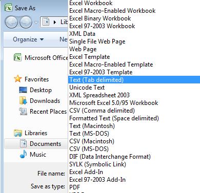 Next, save your file as a.txt (tab delimited file). To do this, click on the Microsoft Windows icon in the upper left hand corner of the Excel screen and click on Save as /other formats.