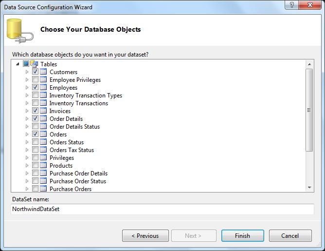 7. The Choose Your Database Objects screen allows you to select the data that your application needs.