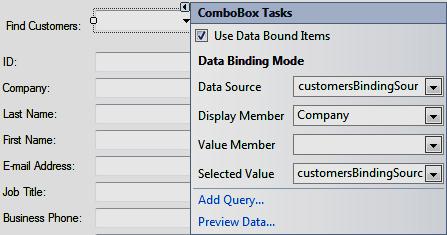 1. Add a label and accompanying ComboBox control. Label Text property Find: ComboBox Name property cbocustomerid. DropDownStyle DropDownList. 2.
