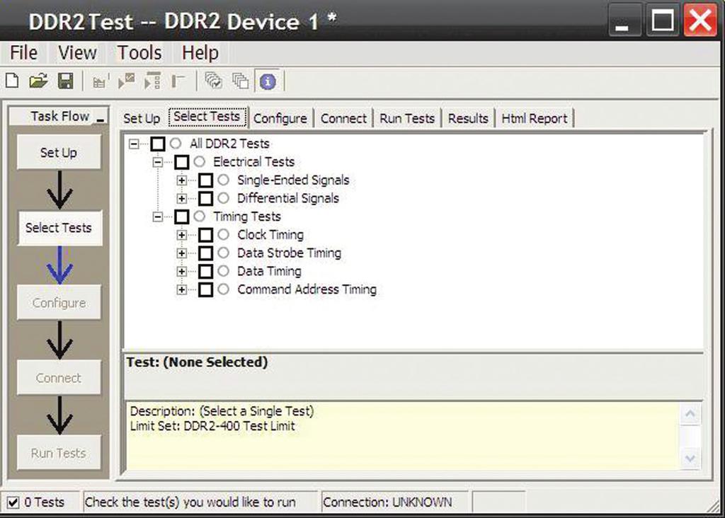 On the environmental setup page, you can select the type of DDR2 or LPDDR2 devices, and the framework automatically filters the tests based on your selection.