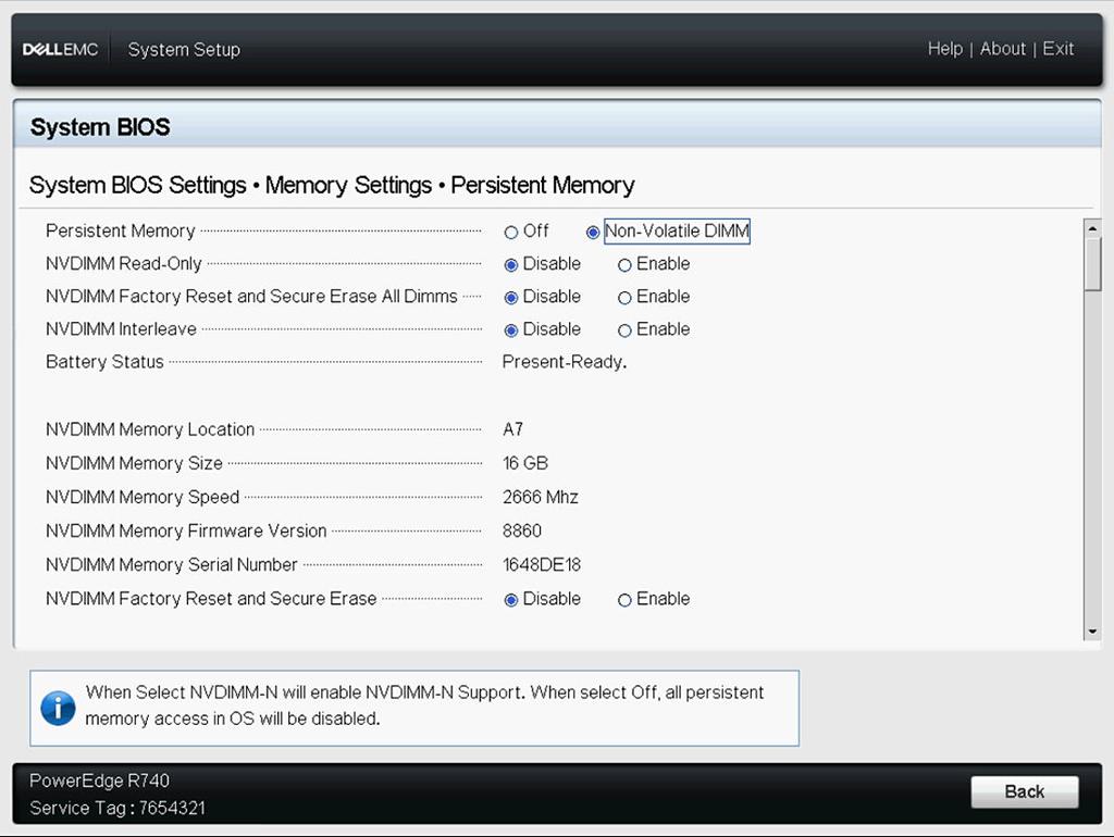 Figure 11. Persistent Memory screen The following table describes each option that is available in the BIOS setup screen. Table 6.