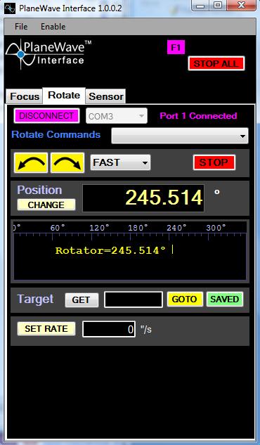 The PlaneWave Interface window with the Rotate tab selected 14-Position Window in degrees 15- CHANGE Button: 16-Position Chart Window: 17-SET RATE Button: 14 Position Window: Displays the position
