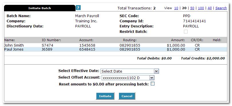 ) ACH Companies that require offset account Select Initiate from the drop down menu on the batch listing page.