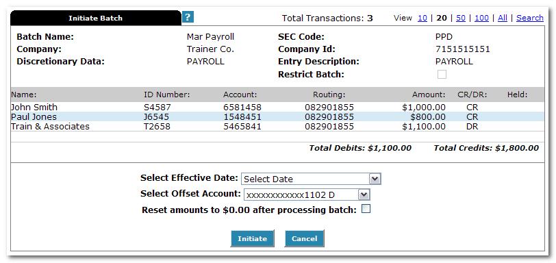 ACH Companies that require offset account for net difference Select Initiate from the drop down menu on the batch listing page.