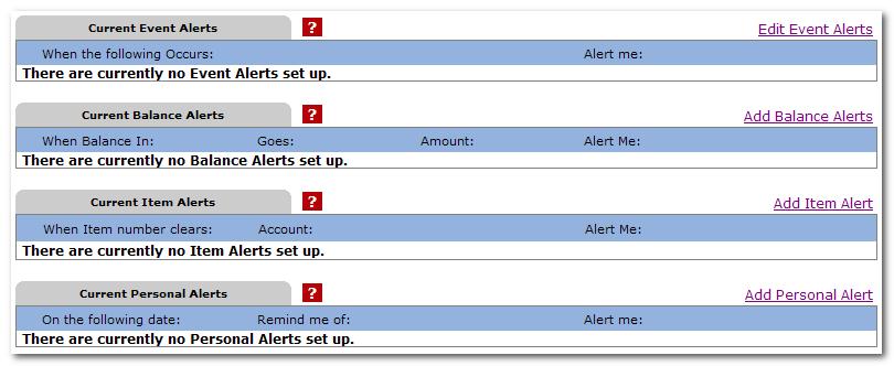 Alerts: Set up Event Alerts, Balance