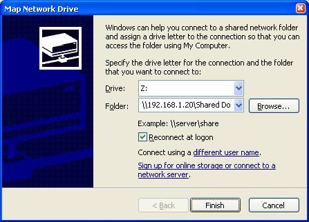 Drive (you need to specify the IP address of the computer on remote network and the name of the shared folder): Alternatively you can do Search > Computers or People > Computer on Network