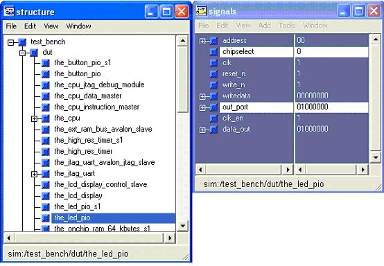Launch ModelSim Using the Nios II IDE Figure 8. ModelSim Structure and Signals Windows 7. Then drag the highlighted signals into the waveform window. 8. Run the simulation for 800 microseconds by typing run 800 us in the ModelSim console.