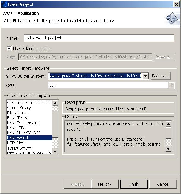 Using the Nios II IDE to Generate Memory Initialization Files Figure 5. Nios II IDE New Project Wizard 6. Click Next. 7. On the next page of the New Project wizard, turn on Creating a new library. 8.