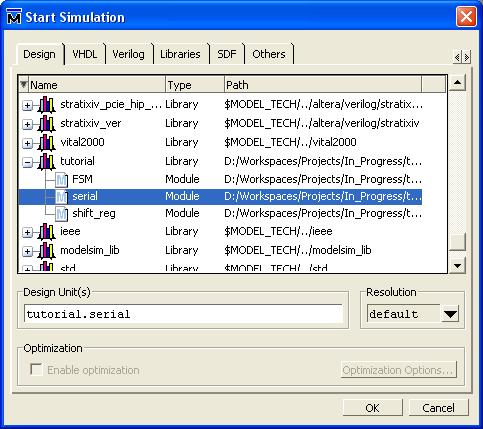 Figure 11: Start simulation mode in ModelSim. The window to start simulation consists of many tabs.