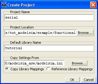 Figure 8: Creating a new project. The create project window consists of several fields: project name, project location, default library name, and copy settings field.