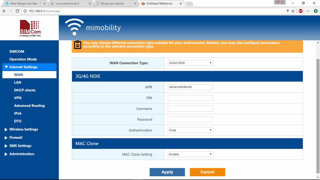 WAN settings Choose Connection type 3G/4G NDIS and enter the APN data of the sim card and press APPLY Check the INT led is flashing and check internet conection with