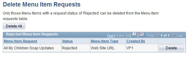 Managing Menu Item Requests Chapter 8 Delete Menu Item Requests page Only menu item requests with a status of Rejected are available for deletion.