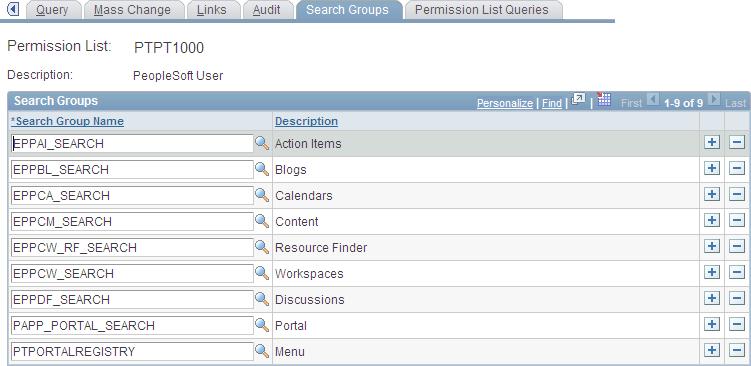 Chapter 15 Configuring PeopleSoft Applications Portal for Application Search Important! There are no default assignments of search groups to permission lists.