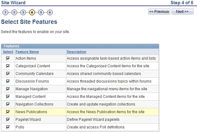 Managing Sites Chapter 18 Site Wizard - Select Site Features page Use this page to enable features for your site.