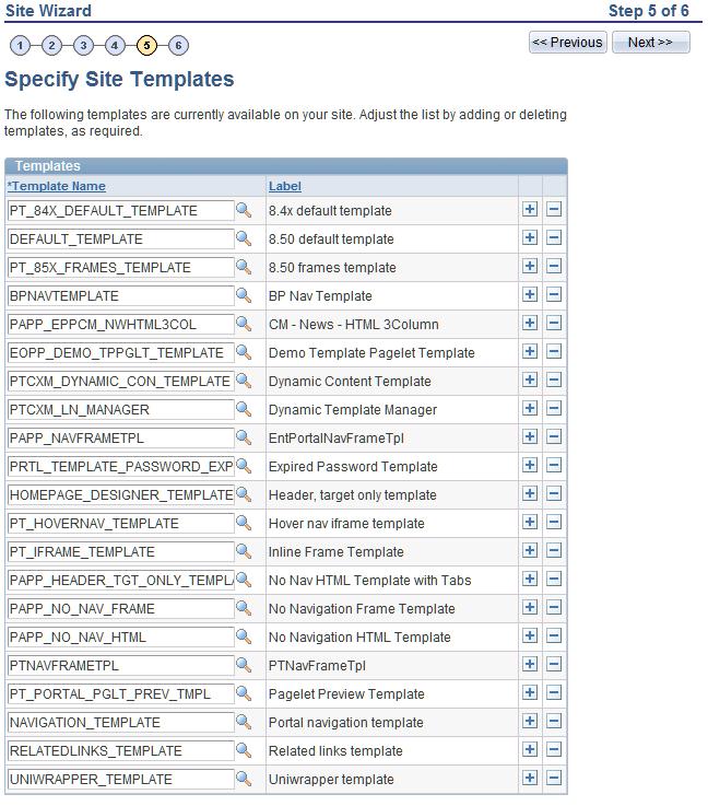 Chapter 18 Managing Sites Site Wizard - Specify Site Templates This initial set of templates is the complete list of available templates based on the PS_SITETEMPLATE registry.