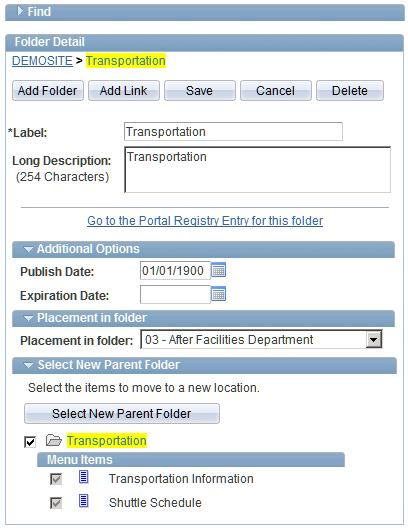Publishing to a Site Chapter 20 Folder Detail group box After you select or add a link, the Link