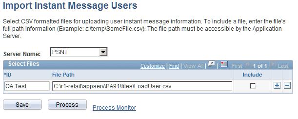 Chapter 23 Setting Up Instant Messaging in PeopleSoft Applications Portal Import Instant Message Users page The CSV-formatted file you use to load user instant message data should contain the