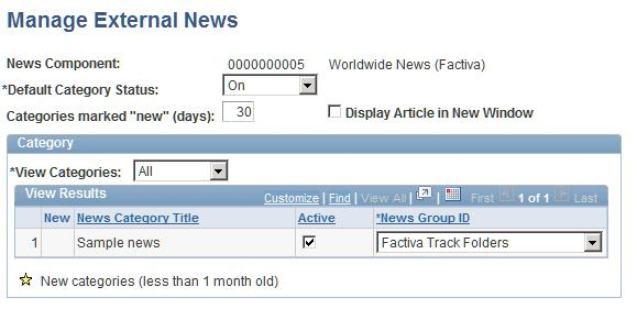 Chapter 24 Working With Internet News Content Page Used to Manage External News Options Page Name Definition Name Navigation Usage Manage External News EO_PE_CATEG_ADMIN Portal Administration,