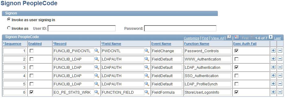 Chapter 3 Configuring PeopleSoft Applications Portal Signon PeopleCode page Enable the row that contains the Function Name field value of StoreUserLogonInfo.