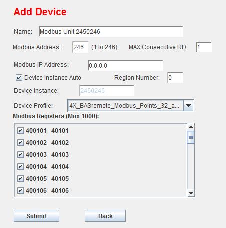 2 Mapping Configuration Use this page to add Modbus devices along with device profiles. Each attached Modbus device must have its own device profile. Use the Add button to add a device.