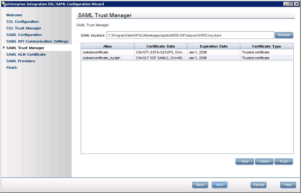 Working with the SAML Trust Manager Work with the SAML Trust Manager to configure SAML settings. Using the SAML Trust Manager, you can: Select a SAML keystore folder.