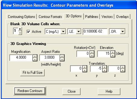 button to load the Contour Parameters and Overlays dialog (Figure 23). Click on the Contour Options tab and change the concentration contour range to 0-0.2 mg/l.