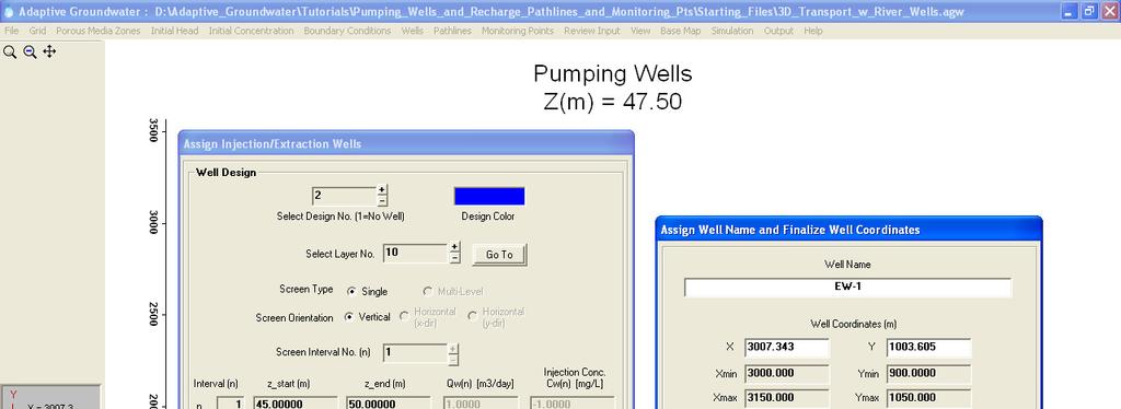 Step 4 Assign Pumping Well to Model (cont.) Using the left mouse button assign an extraction well to the approximate location shown in Figure 4 (x = 3015.4 m, y = 991.9 m).