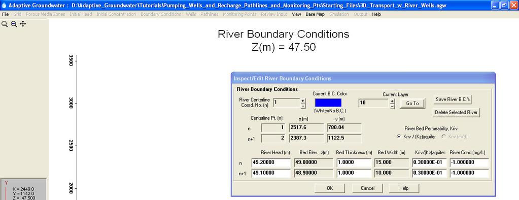 Figure 6 Step 8 Add Groundwater Pathline Close the river inspection dialog and begin the specification of a groundwater pathline starting point by selecting Pathlines > Assign in the main menu