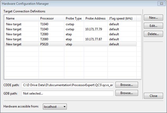 Target connection setup Figure 1-8. Hardware Configuration Manager dialog You can select either the remote or localhost option from the Hardware accesible from combo box.