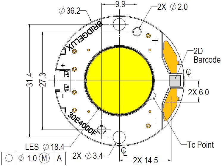 Mechanical Dimensions Figure 9: Drawing for Vero 18 LED Array TOP VIEW SIDE VIEW Notes for Figure 9: 1. Mounting holes (2X) are for M2.5 screws. 2.