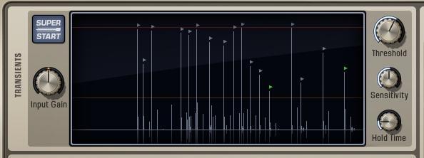 TRIG PAGE TRANSIENTS SECTION - Use the Input Gain knob to make the strongest transients of the incoming drum hits reach the "max" line, meaning they represent velocity 127.