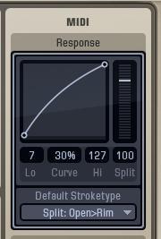 MIDI SETTINGS Kick & Toms Snare Snare with Velosplit RESPONSE Use this section to set the MIDI Velocity Range you desire. You can also adjust the response "Curve".