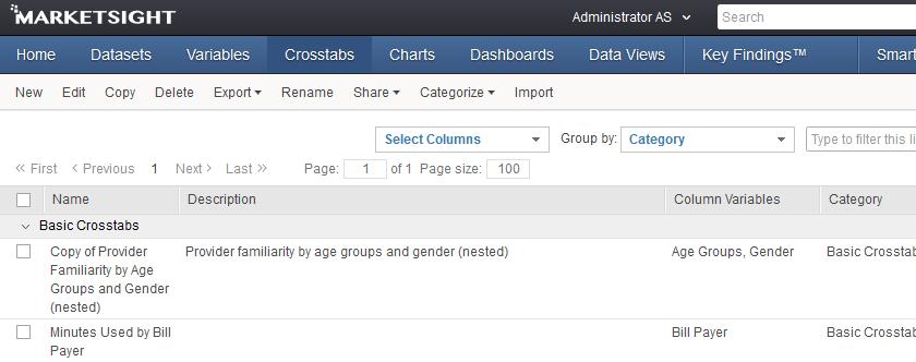 4 5 6 Working with The Crosstab list page shows the crosstabs that have been created and saved for a particular dataset. They can be organized into categories.