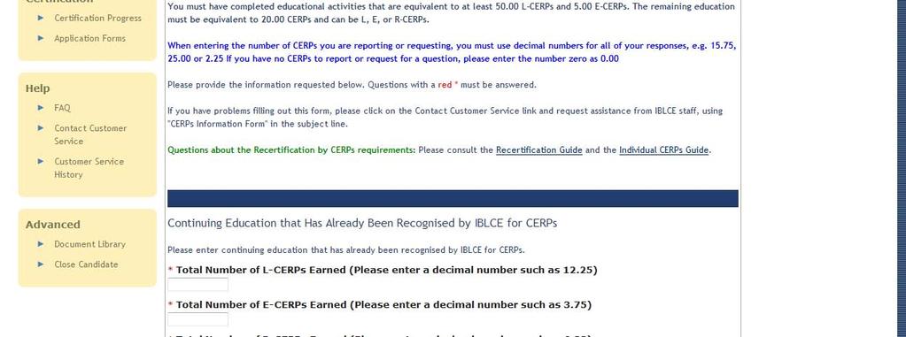 If you are recertifying by CERPs, complete the CERPs Information form