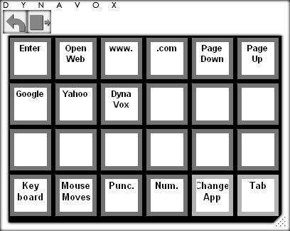 DynaVox onscreen keyboards always display a title bar that contains two buttons: The Back button (the left-pointing arrow) closes the onscreen keyboard and changes the Series 5 software back to