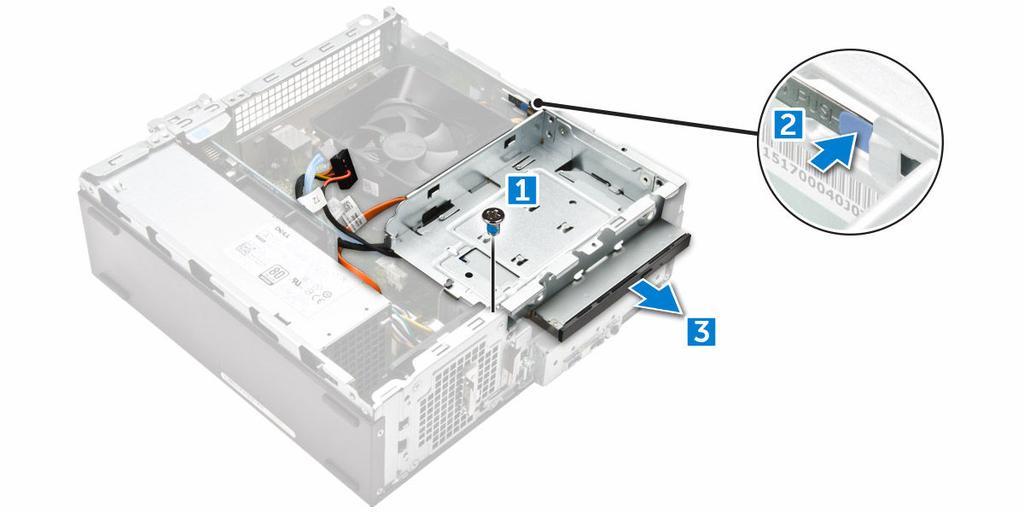 4 Follow the steps to remove the optical drive: a Disconnect the power and the data cables from the optical drive [1].