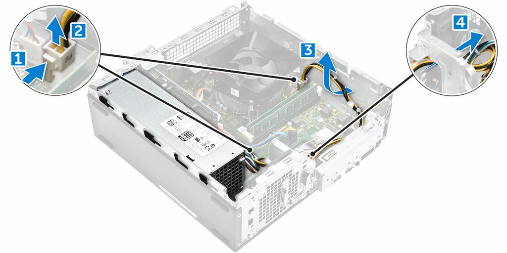 4 Perform the following steps to remove the PSU: a Remove the 6-32xL6.35 screws that secure the PSU [1]. b Press the blue release tab to release the PSU [2].