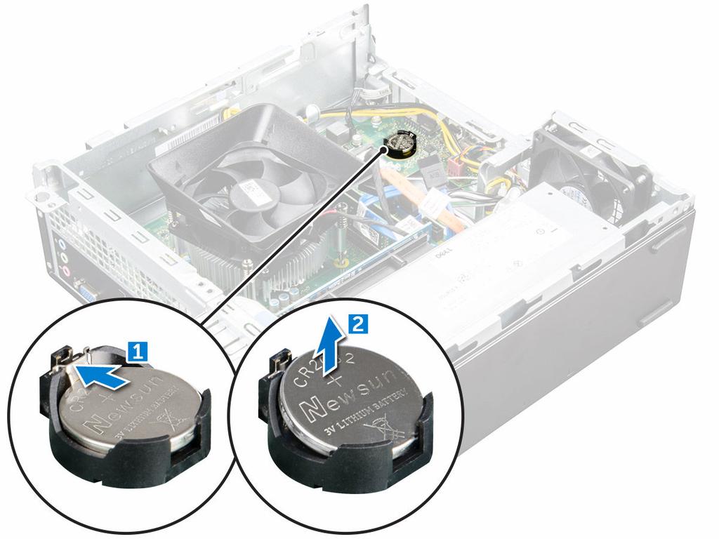 e optical drive 3 Perform the following steps to remove the coin cell battery: a Press the release latch away from the battery to allow the battery to pop up from the socket [1].