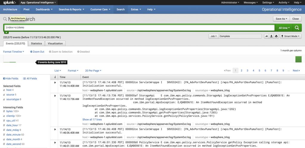 Figure 5) Event search. Splunk collects and indexes data generated by your IT infrastructure.