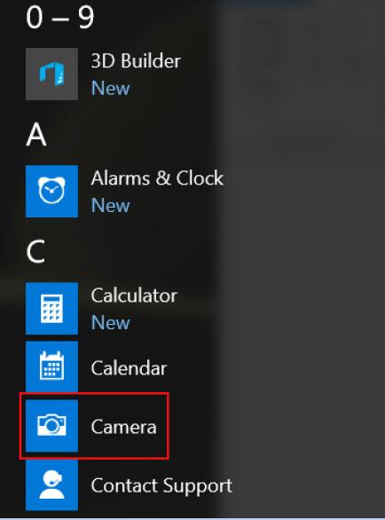 Starting the camera application 1 Tap or click the Windows button and select All apps.