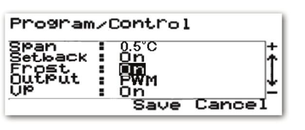 FROST PROTECTION: Selecting the Frost item in the menu allows you to turn the frost protection mode of the ERT50 230v on or off (the default setting is On).