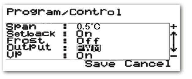 OUTPUT: By selecting the Output menu item, you can change the control method used by the programmable thermostat - either Pulse Width Modulation (PWM) or On/Off. The default setting is PWM.