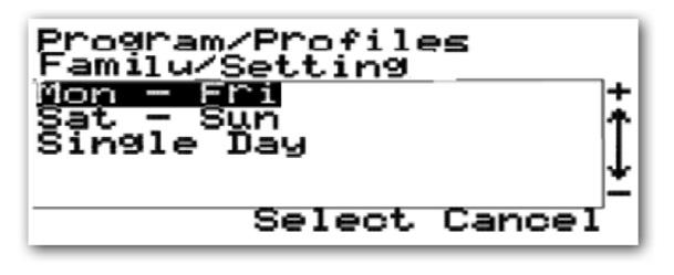 Each profile contains the settings for the six times of day for each day of the week and connects one of