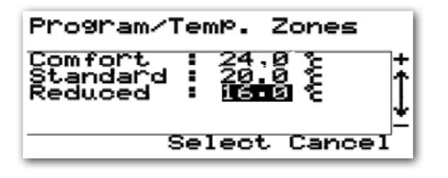 Zones setting menu. Each zone temperature can be changed using the PLUS or MINUS keys. Pressing the SELECT key will move to the next zone setting.
