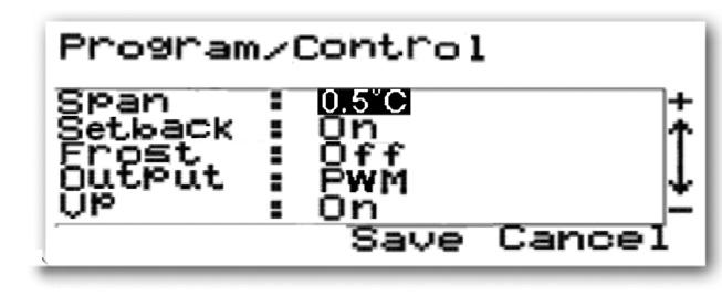 CONTROL SETTINGS The Control menu allows changes to the Temperature Span, Communications, Frost Protection, Output, Valve Protection and Temperature Offset settings.