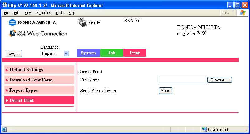 Direct Print The Print - Direct Print page allows you to print a file directly from the printer without starting up the application.