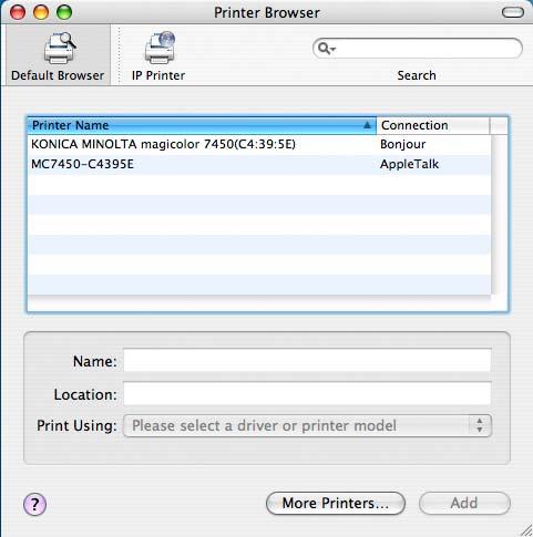 When Using a Network Connection The network connection settings can be specified in one of several ways: Bonjour Setting, AppleTalk setting, IP printing setting (IPP, LPD or Socket).