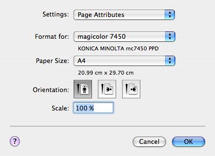 Page Attributes Options The Page Attributes section is used to specify the settings for the paper size, scaling, and print orientation.
